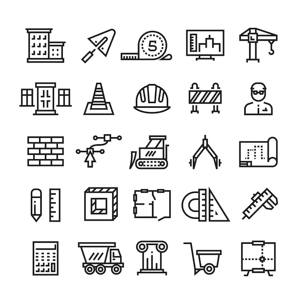 Icone di linea sottile industria edilizia, edilizia, ingegneria architettonica e macchinari