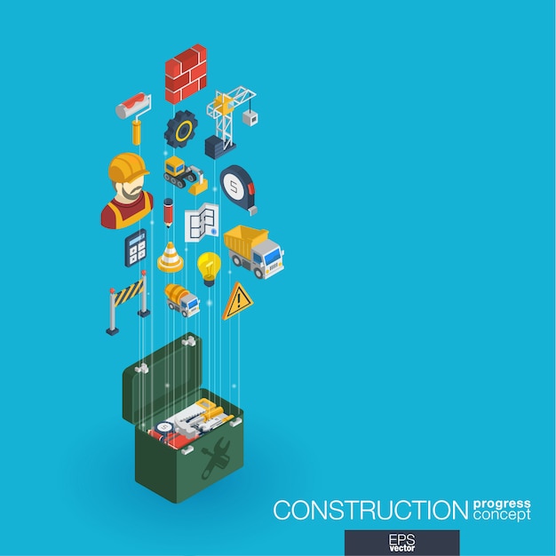 Construction integrated  web icons. digital network isometric progress concept. connected graphic  line growth system. abstract background for engineer, architecture, build.  infograph