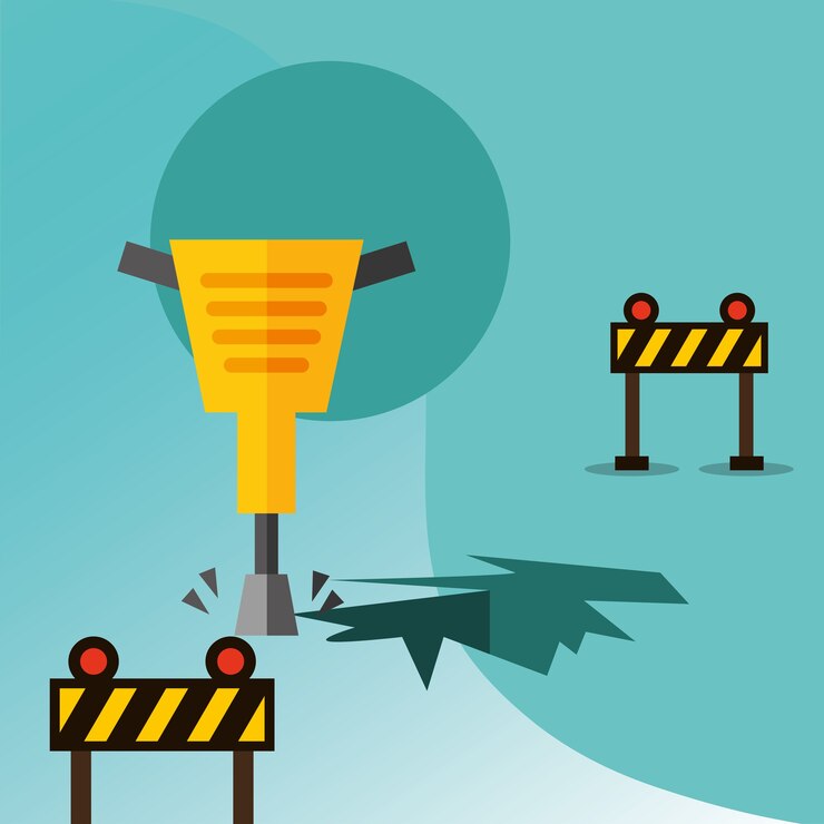Vector construction jackhammer drilling and barriers traffic equipment vector illustration