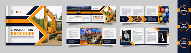 Construction landscape brochure design with geometric yellow and blue color shapes on a white background.