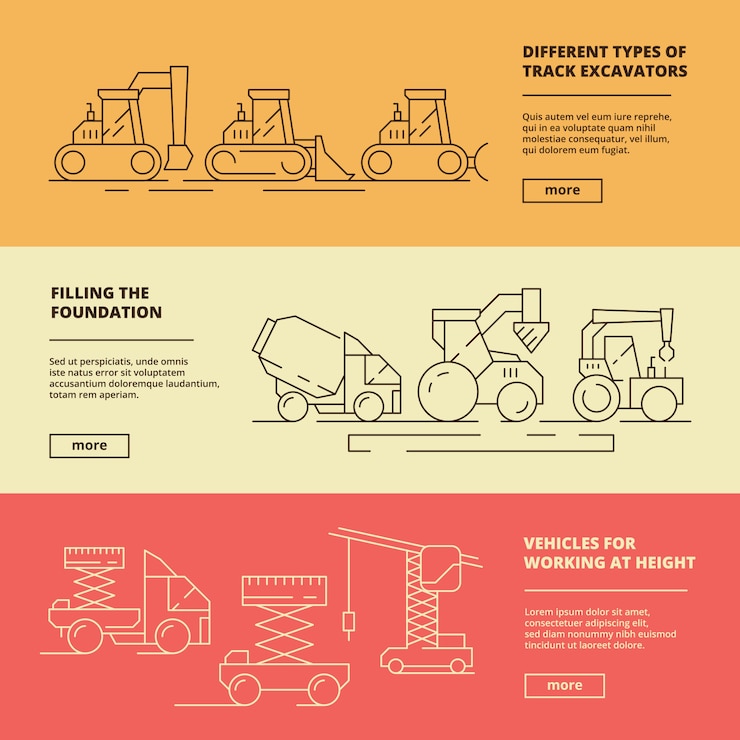 Vector construction machinery banners. building industry heavy vehicle truck bulldozer lifting crane   template
