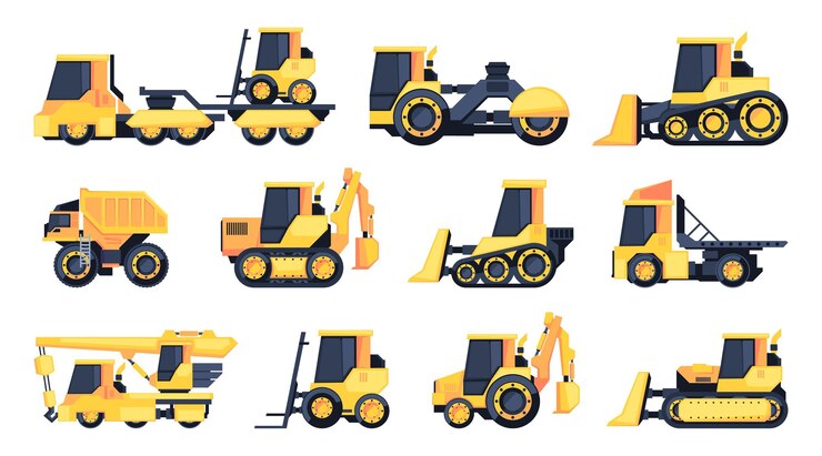 Vector construction machinery road building heavy equipment digger excavator crane heavy truck dump industrial engineering equipment vector set bulldozer forklift and loader machines
