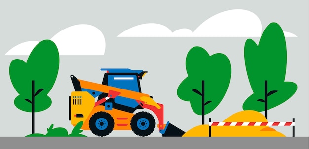 Macchine edili lavora nel sito caricatore escavatore compatto per macchine edili sullo sfondo di un paesaggio di alberi sabbia illustrazione vettoriale sullo sfondo