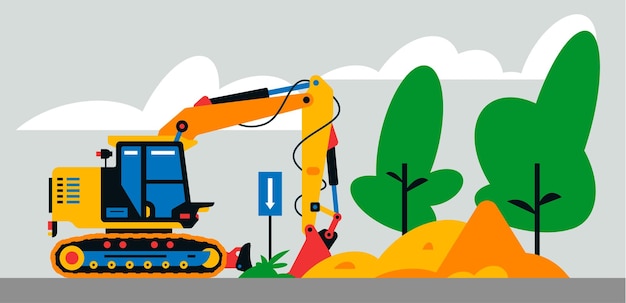 Construction machinery works at the site construction machinery\
excavator on the background of a landscape of trees sand vector\
illustration on background