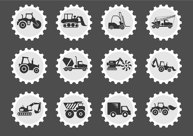 Vector construction machines icons on stylized round postage stamps