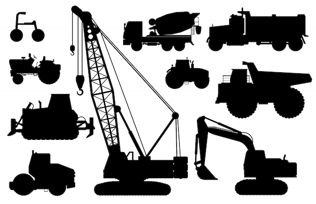 建設機械のシルエット。建設作業用の重機。孤立したクレーン、掘り、トラクター、ダンプトラック、コンクリートミキサー車フラットアイコンセット。産業建設輸送側面図
