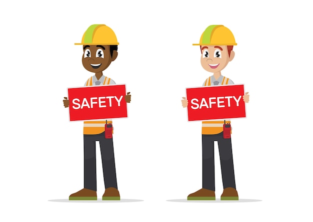 Vector construction man showing safety sign