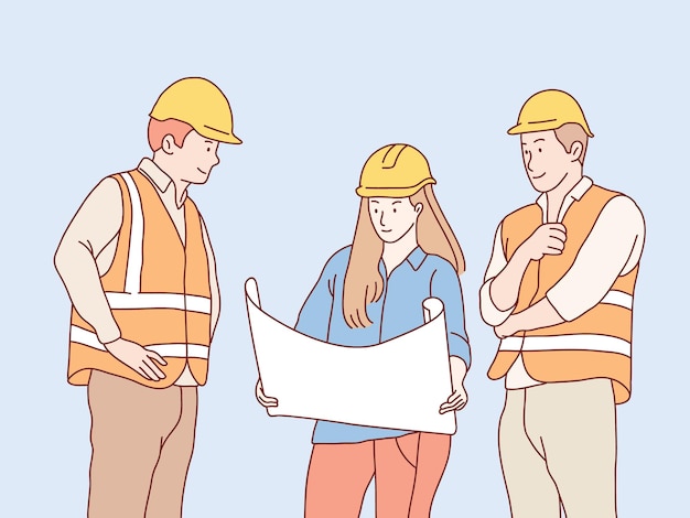 청사진 계획 간단한 한국 스타일 그림에서 건설 남자 여자 노동자 팀워크 협력