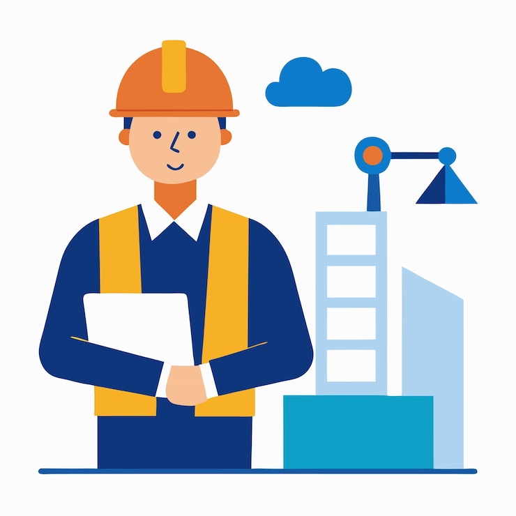 Vector a construction manager stands onsite overseeing workers and machinery