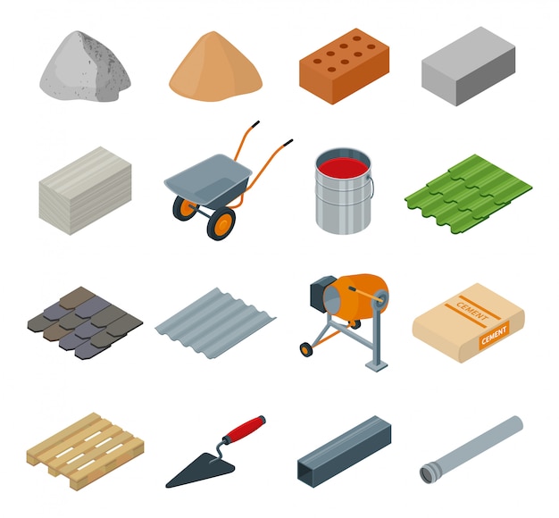 Construction material isometric set icon.  illustration building material on white background . isolated cartoon set icon construction equipment .