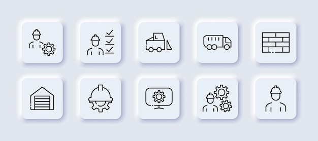 Construction neomorphic icons set builder foreman tasks warehouse settings helmet computer bulldozer tractor wall brick infrastructure concept vector neomorphic icons set