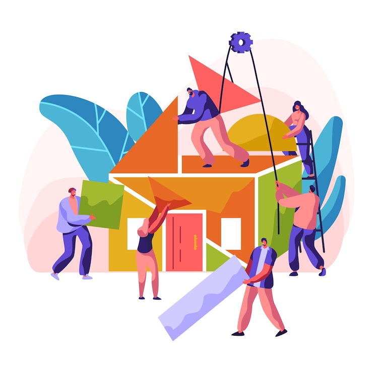Vector construction new house. professional character construct residence. painting wall, laying brick and building a ceiling and roof from colorful detail. flat cartoon vector illustration