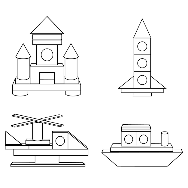 Строительство транспорта из деревянных кубиков черный контур окраски вектора изолированной иллюстрации в плоском стиле
