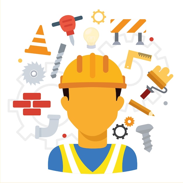 Construction person with helmet with job and professions elements, architect and building funtions