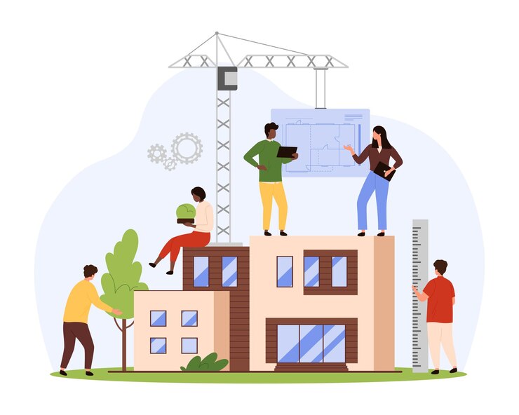Vector construction of personal residence and house according to project by team of engineers