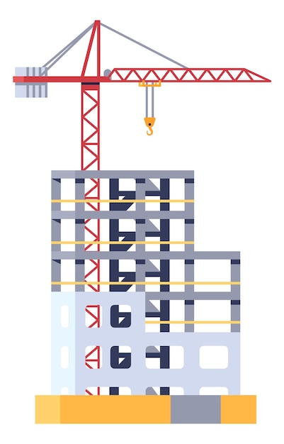 construction process multi story residential house building industrial crane city architecture unfinished skyscraper housing development real estate engineering vector concept