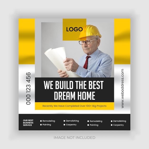 Construction renovation handyman home repair flyer and dream home social media post banner