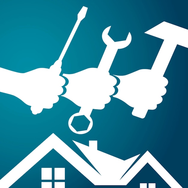 Construction and repair tool in hands House roof silhouette