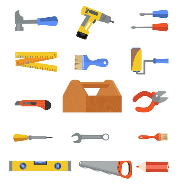 Vector construction repair tools flat icon set cartoon wooden tool box with hammers screwdriver wrench