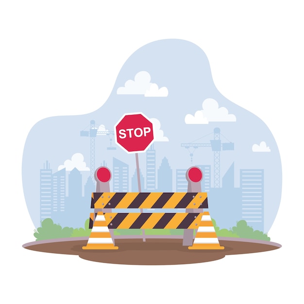 Vector construction scene with barricade and stop signal vector illustration design