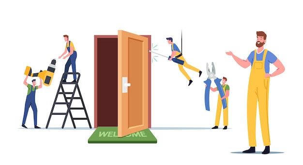 Construction service. master male characters repair or set up new door in apartment. engineers in working robe, carpenters, repairmen work with equipment and tools. cartoon people vector illustration