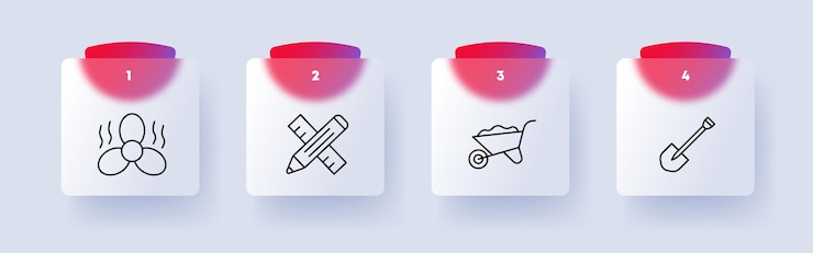 Vector construction set icon repair supplies equipment numbering fan overheating air pencil ruler shovel cement stroller construction equipment concept glassmorphism style