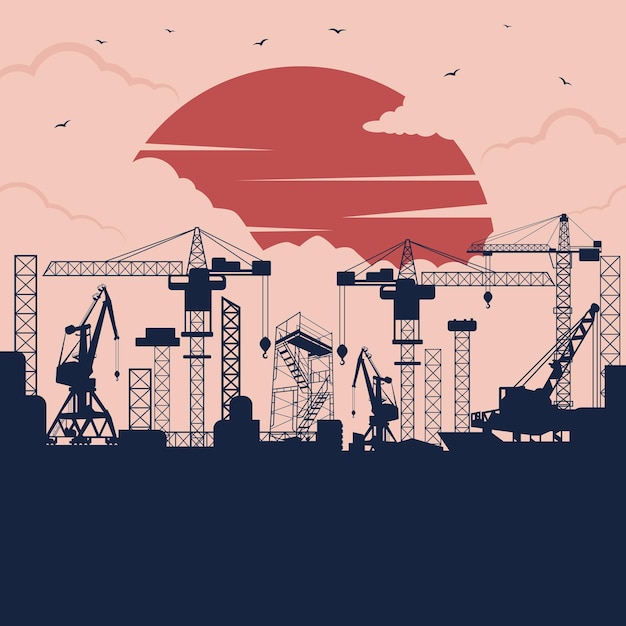 Vector construction silhouette view industrial factory silhouette engineering construction gas and oil
