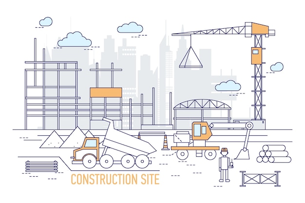 Vector construction site or area with constructed building