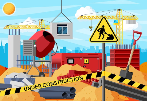 Construction Site Banner Concrete Mixer Shovel Tower Crane and Bricks in Pile of Sand Under Construction Design Background Building Materials and Equipment Cartoon Flat Vector Illustration