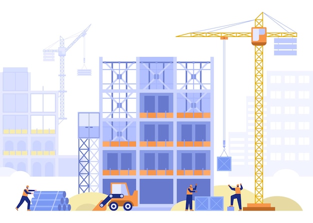 Vector construction site concept team of builders builds house crane loads blocks excavator digs frame of multistorey building real estate business vector illustration scene with tiny characters