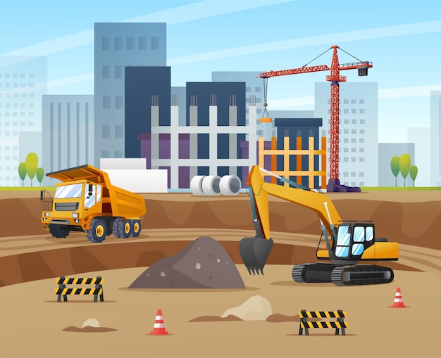 Vettore concetto del cantiere con l'escavatore del camion e l'illustrazione dell'attrezzatura materiale
