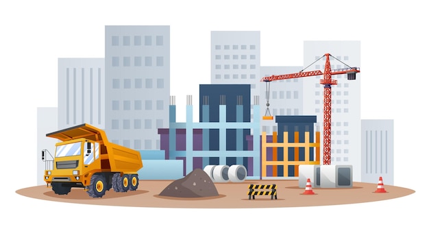 Vector construction site concept with truck and material equipment illustration