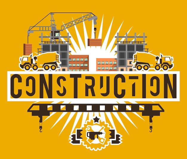 Construction site crane lifting concrete slabs lettering on the isolated background concrete mixer construction machinery logo building tools unfinished house vector illustration flat style