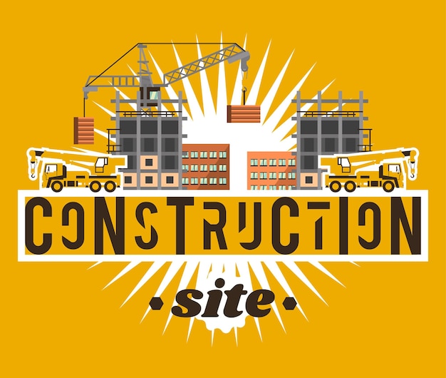 Construction site Crane lifting concrete slabs Lettering on the isolated background Crane Truck Unfinished house Vector illustration Flat style