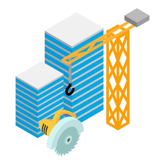 Vector construction site icon isometric vector multi storey house and building crane construction work