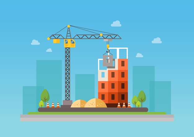 Construction site illustration. Building under construction. Vector illustration