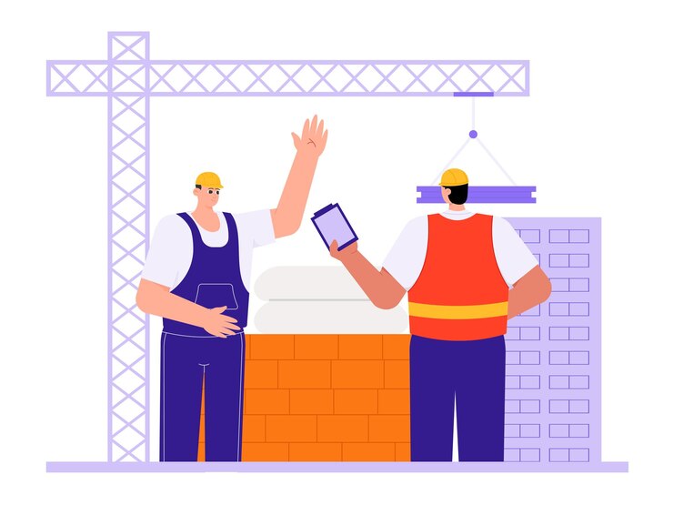 Vector a construction site supervisor checking project workers illustration