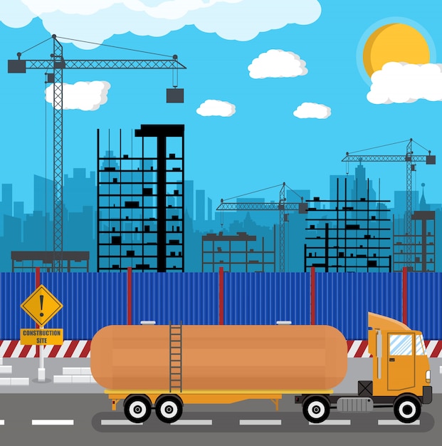 Vector construction site with buildings and cranes