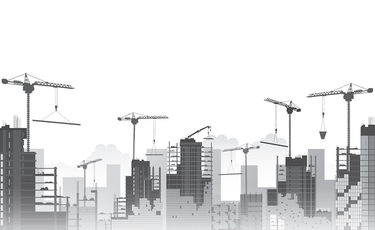 Vector construction site with a tower crane construction of residential buildings