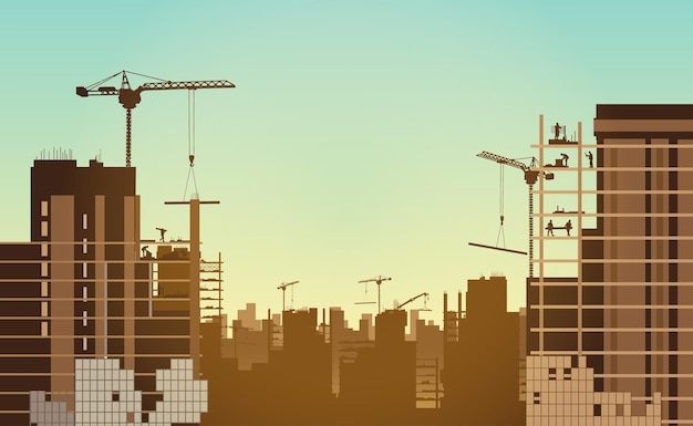 Construction site with a tower crane Construction of residential buildingsVector illustration