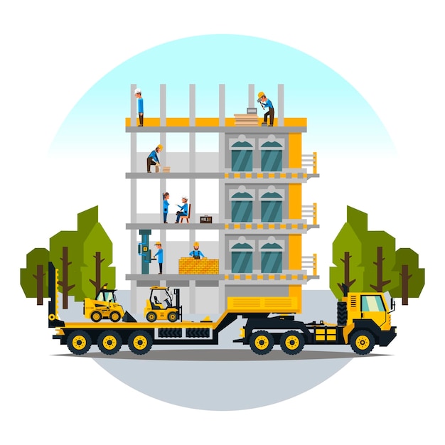 Construction site the work of a large group of builders building a house A set of service vehicle repair cars Vector illustration a flat style