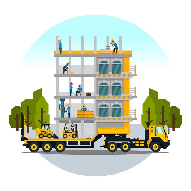 construction site the work of a large group of builders building a house a set of service vehicle repair cars vector illustration a flat style