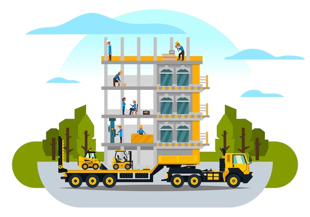 Construction site the work of a large group of builders building a house A set of service vehicle repair cars Vector illustration a flat style