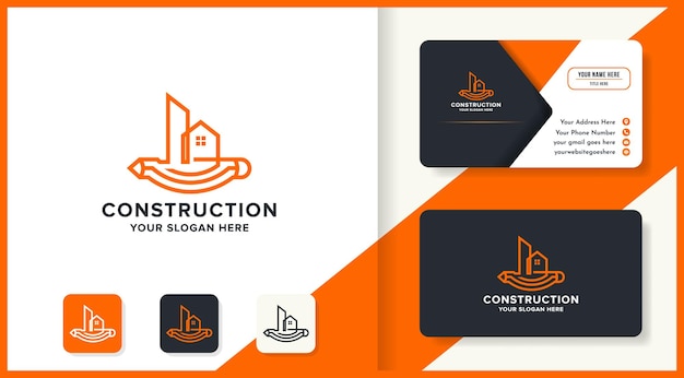 Construction sketch logo with pen longitudinally and business card design