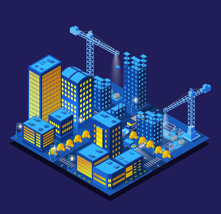 Vector construction smart city at night.  futuristic  ultraviolet module of urban infrastructure, isometric buildings