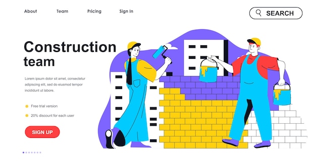 Vector construction team concept for landing page template woman painting walls and man working on building site real estate people scene vector illustration with flat character design for web banner