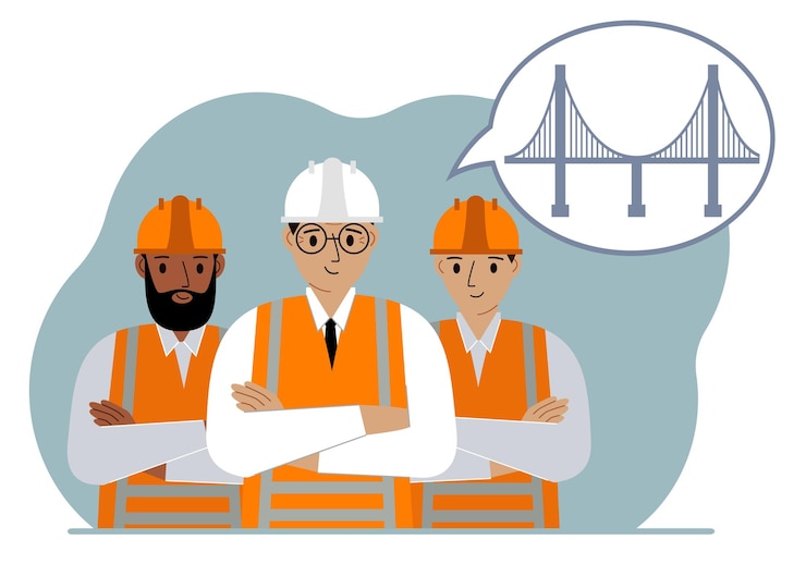 Vector a construction team and an engineer make plans in their minds to design a bridge in an air bubble the concept of civil engineering and construction