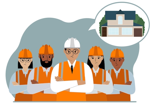 The construction team is thinking about building a house. Sad women and men in hard hats and vests are planning a work process. Vector flat illustration