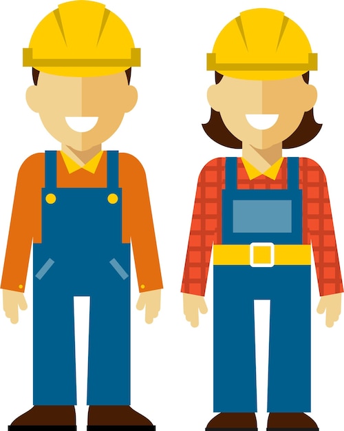 Vector construction team man and woman builders in work overalls and helmet in flat style