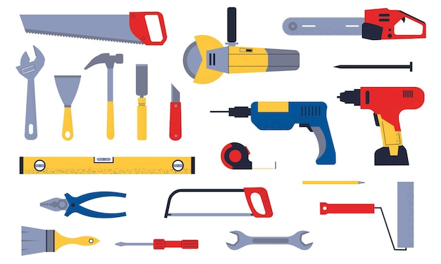 Construction tools Cartoon carpentry and mechanic work hardware Plumber and engineer instruments set Builder electric appliance Vector fix and repair handy equipment collection